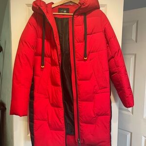 Red Puffer Jacket with Hood 3/4